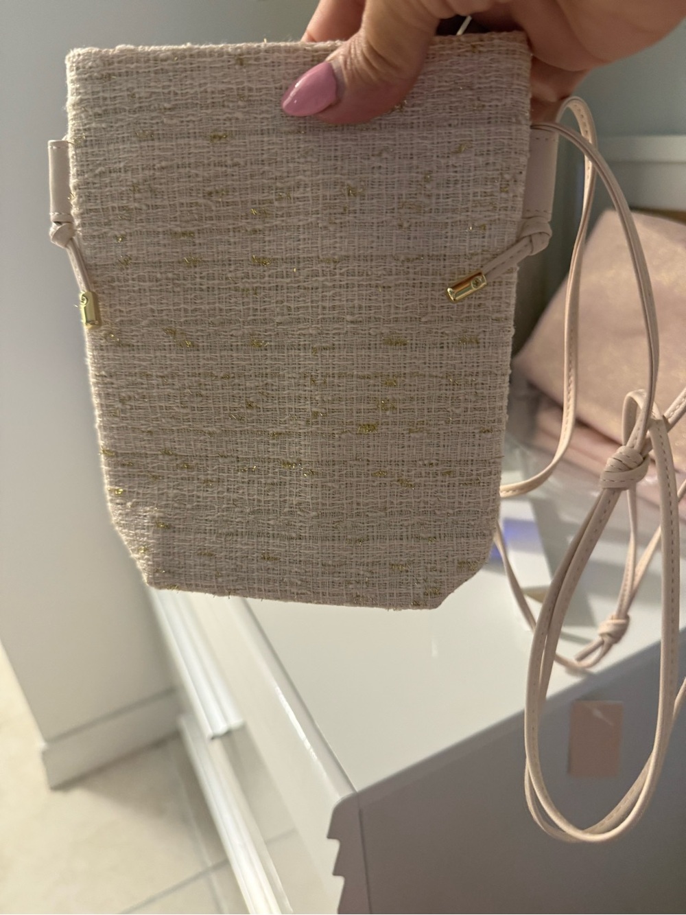 Estée Lauder Cream Tweed Crossbody Bag/ cosmetic pouch with Gold Accents